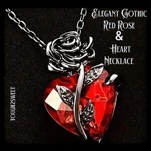 🆕️ELEGANT GOTHIC RED HEART AND ROSE PENDANT NECKLACE GIFT BOXED